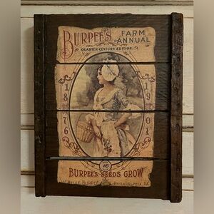 Antique Wood Box Lid with Burpees Seed Farm Annual Advertisement